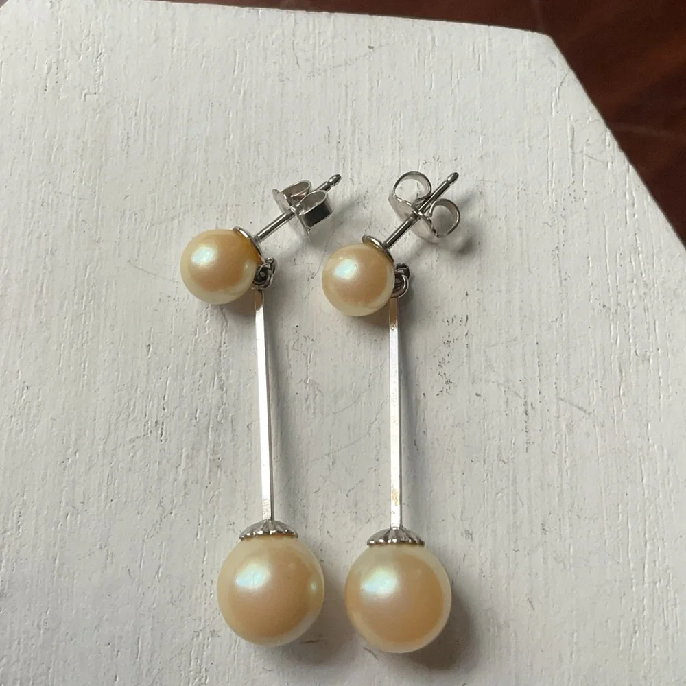 14k White Gold Backs Faux Pearl Dangle Drop Earrings